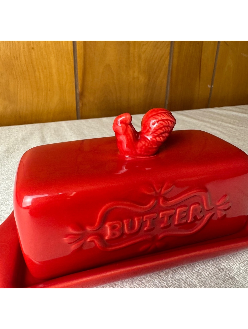 Vintage Red Ceramic Butter Dish with Rooster Knob Farmhouse Kitchen Decor - Picture 5 of 9
